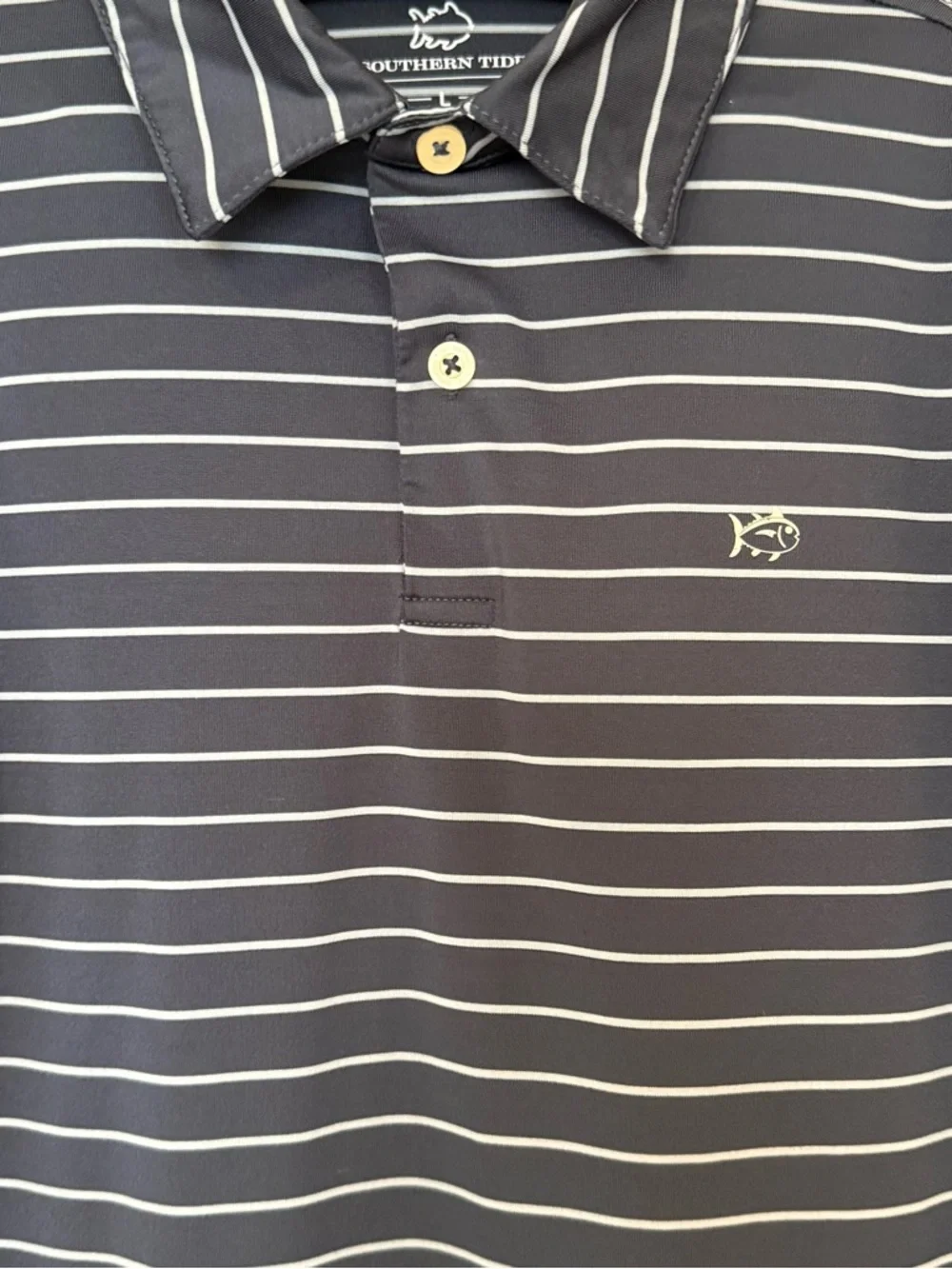 Southern Tide Boys Striped Polo Shirt Size L (12-14) Navy Blue Performance Shirt